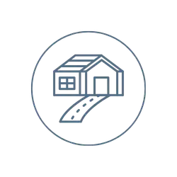 A simple line drawing of a house with a path leading to the front door, enclosed in a circular border.