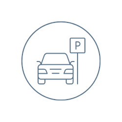 Line drawing of a car parked next to a sign with the letter "P" inside a circle, indicating a parking area or parking lot.