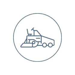 Line drawing of a bulldozer inside a circle, symbolizing construction or heavy equipment. The bulldozer is shown from the side with large wheels and a front blade.