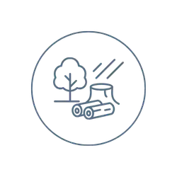 A simple line drawing of a tree, a lawn mower, and grass enclosed in a circle, representing lawn mowing or landscaping services.