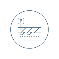 A minimalist icon of a parking lot with three cars in parking spaces, outlined within a circular border. The letter "P" is displayed on a signpost, indicating parking.