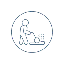 A line drawing of a person using a vacuum cleaner inside a circle, representing cleaning or janitorial services.